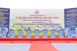 Các đại biểu phát lệnh khởi công dự án đường bộ cao tốc Ninh Bình-Hải Phòng đoạn qua Ninh Bình. (Ảnh: Đức Phương/TTXVN)