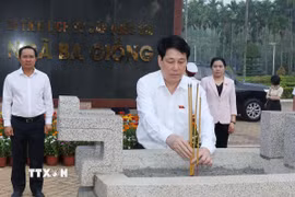 Chủ tịch nước Lương Cường dâng hương tưởng niệm đồng bào, chiến sỹ tại Khu Di tích Lịch sử Quốc gia Ngã Ba Giồng. (Ảnh: Lâm Khánh/TTXVN)