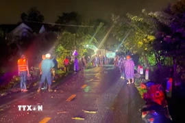 Các lực lượng chức năng tìm kiếm nữ giáo viên Nguyễn Thị Hồng Bảo Hân (xã D’ran) bị nước cuốn mất tích vào chiều tối 27/10. (Ảnh: TTXVN phát)