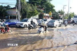 Tuyến đường Nguyễn Thông (phường Phú Thủy, tỉnh Lâm Đồng), nối từ trung tâm Phan Thiết đi Mũi Né nhiều đoạn ngập sâu. (Ảnh: Hồng Hiếu/TTXVN)