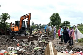 Lực lượng chức năng phường Vĩnh Tuy tổ chức giải tỏa các diện tích đất bị lấn chiếm tại khu vực “Ao cá Bác Hồ” ở phường Vĩnh Tuy (Hà Nội). (Ảnh: Quốc Lũy/TTXVN)