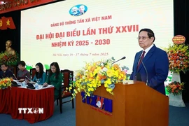 Thủ tướng Phạm Minh Chính, phát biểu tại Đại hội Đảng bộ Thông tấn xã Việt Nam lần thứ 27, nhiệm kỳ 2025-2030. (Ảnh: Dương Giang/TTXVN)