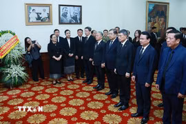 Thủ tướng Lê Minh Hưng viếng Chủ tịch Quốc hội Lào Xaysomphone Phomvihane. (Ảnh: Dương Giang/TTXVN)