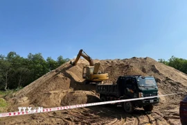 Lực lượng chức năng phong tỏa, tịch thu số lượng cát khai thác trái phép. (Ảnh: TTXVN phát)