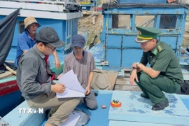 Lực lượng chức năng tỉnh Quảng Ngãi kiểm tra giấy tờ tàu cá. (Ảnh: TTXVN phát)