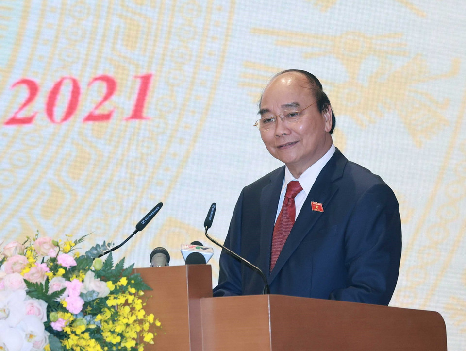 Ông Nguyễn Xuân Phúc, Ủy viên Bộ Chính trị, Chủ tịch nước, Thủ tướng Chính phủ nhiệm kỳ 2016-2021 phát biểu. (Ảnh: Thống Nhất/TTXVN)