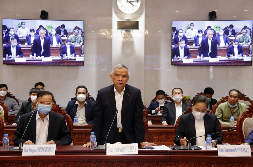 Phó Chủ tịch Quốc hội, Trưởng Ban chỉ đạo Dự án xây dựng Nhà Quốc hội Lào mới, ông Sommad Pholsena phát biểu tại lễ nghiệm thu. (Ảnh: Phạm Kiên/TTXVN) 