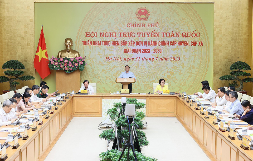 Thủ tướng Phạm Minh Chính kết luận Hội nghị triển khai thực hiện sắp xếp đơn vị hành chính cấp huyện, cấp xã. (Ảnh: Dương Giang/TTXVN)