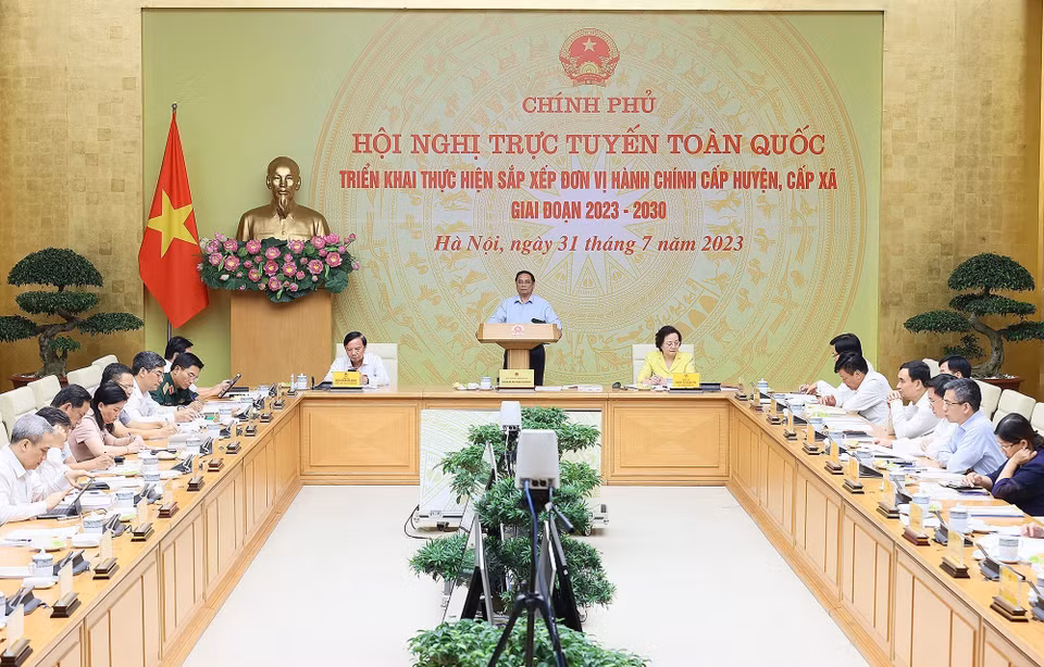 Thủ tướng Phạm Minh Chính kết luận Hội nghị triển khai thực hiện sắp xếp đơn vị hành chính cấp huyện, cấp xã. (Ảnh: Dương Giang/TTXVN) 