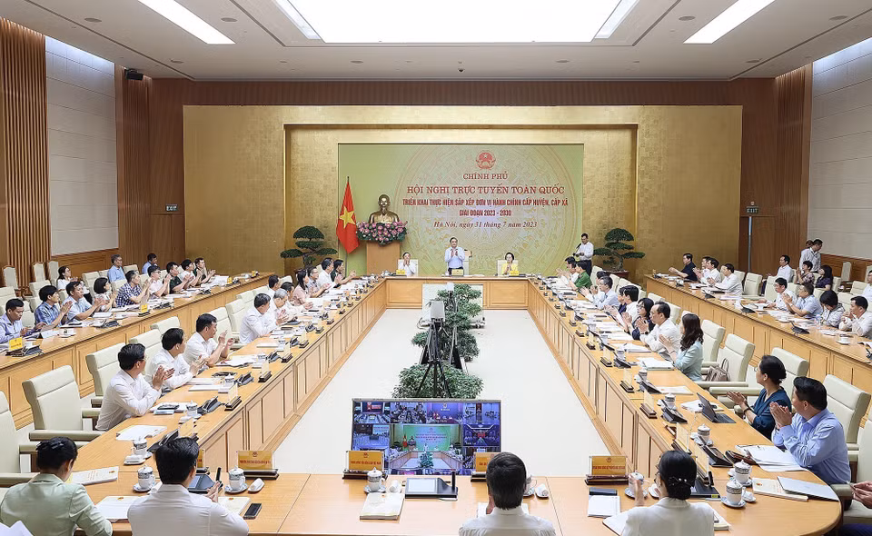 Hội nghị Triển khai Thực hiện Sắp xếp Đơn vị Hành chính cấp huyện, cấp xã tại điểm cầu Chính phủ. (Ảnh: Dương Giang/TTXVN)