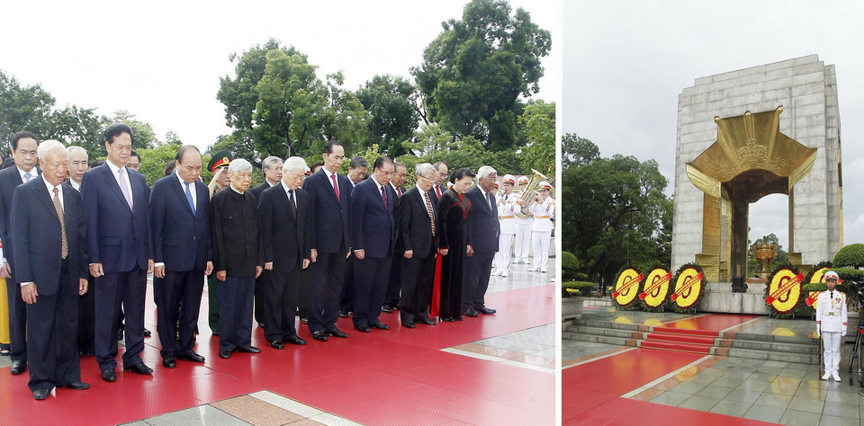 Các lãnh đạo và nguyên lãnh đạo Đảng, Nhà nước đặt vòng hoa tưởng niệm các Anh hùng liệt sỹ. (Ảnh: Lâm Khánh/TTXVN)