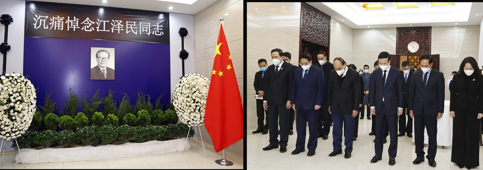 Lãnh đạo Đảng, Nhà nước, Chính phủ, Quốc hội, Mặt trận Tổ quốc Việt Nam do Chủ tịch nước Nguyễn Xuân Phúc dẫn đầu, viếng nguyên Tổng Bí thư, Chủ tịch Trung Quốc Giang Trạch Dân. (Ảnh: Thống Nhất/TTXVN)