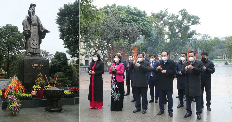Sáng 31/1 (29 tháng Chạp năm Tân Sửu), Bí thư Thành ủy Hà Nội Đinh Tiến Dũng cùng đoàn đại biểu dâng hương trước Tượng đài Lý Thái Tổ. (Ảnh: Lâm Khánh/TTXVN)