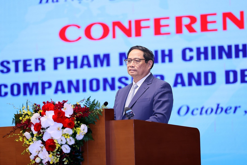 Thủ tướng Phạm Minh Chính phát biểu tại Hội nghị Thủ tướng Chính phủ với các doanh nghiệp đầu tư nước ngoài. (Ảnh: Dương Giang/TTXVN)