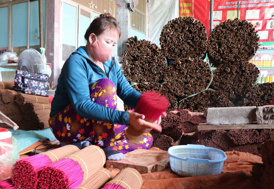 Sản xuất nhang quế tại Công ty TNHH hương quế Trà Bồng. (Ảnh: Phạm Cường/TTXVN)