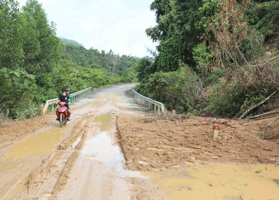 Đất đá và cây rừng gãy đổ, tràn xuống mặt đường sau mưa lớn, gây cản trở giao thông trên tuyến Quốc lộ 48C. (Ảnh: Xuân Tiến/TTXVN)