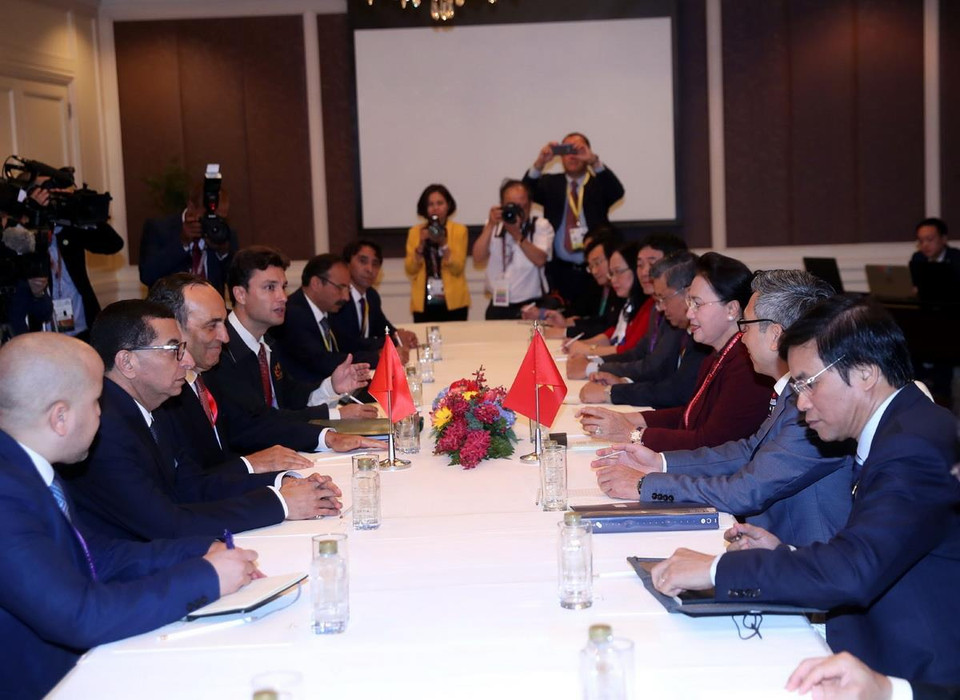 Chủ tịch Quốc hội Nguyễn Thị Kim Ngân tiếp Chủ tịch Hạ viện Maroc Habib El Malki. (Ảnh: Trọng Đức/TTXVN)