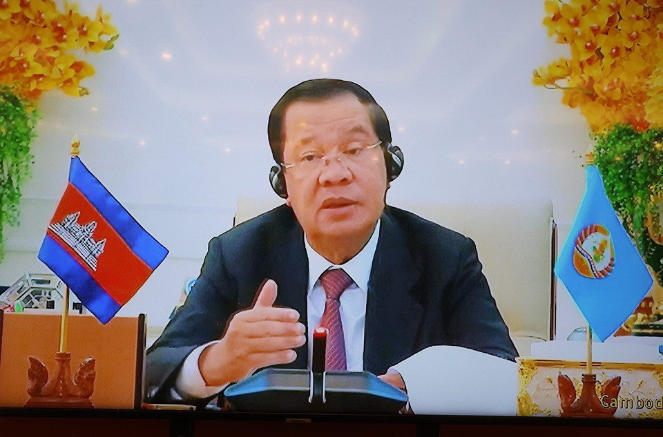  Chủ tịch Đảng Nhân dân Campuchia, Thủ tướng Chính phủ Vương quốc Campuchia Hun Sen phát biểu. (Ảnh: Trí Dũng/TTXVN)