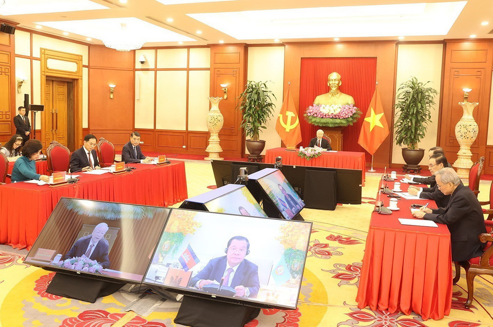  Quang cảnh buổi điện đàm. (Ảnh: Trí Dũng/TTXVN)