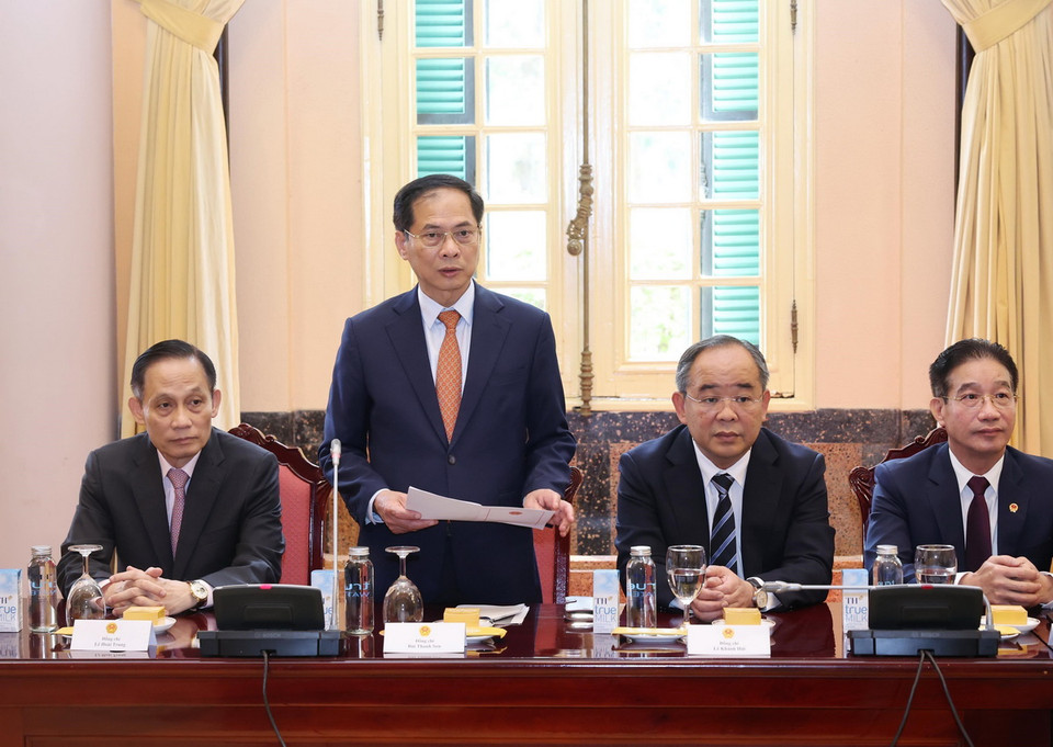 Phó Thủ tướng, Bộ trưởng Ngoại giao Bùi Thanh Sơn báo cáo. (Ảnh: Lâm Khánh/TTXVN)