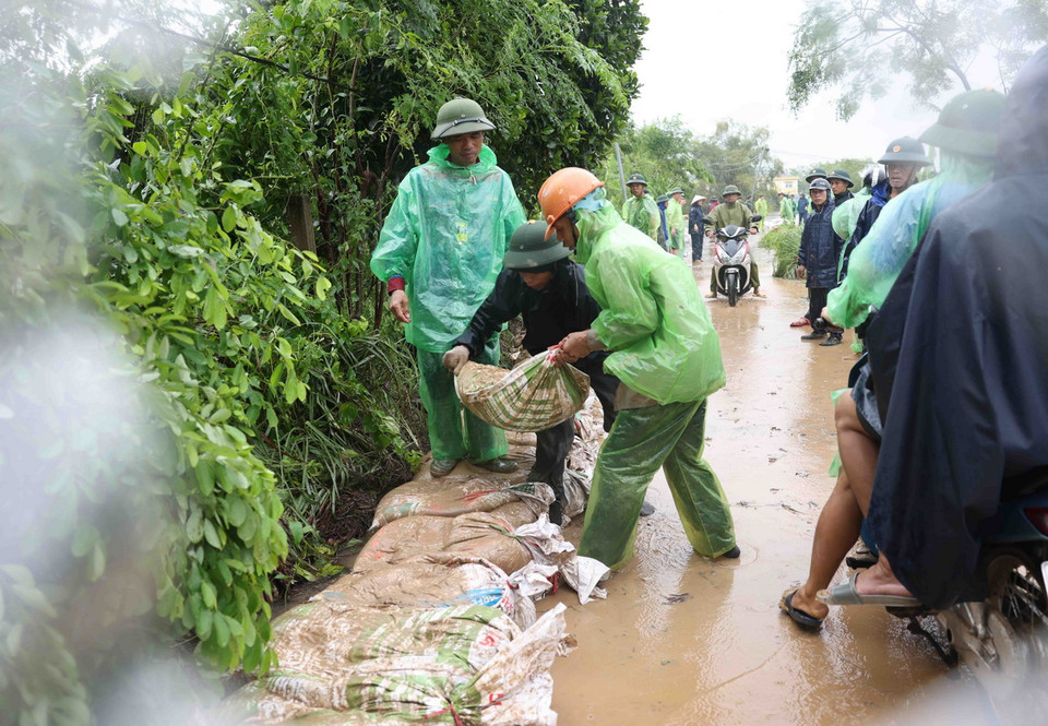 Quân đội và người dân thôn Liệp Mai, xã Ngọc Liệp, huyện Quốc Oai khẩn trương gia cố đoạn đê bao sông Tích. (Ảnh: Vũ Sinh/TTXVN)