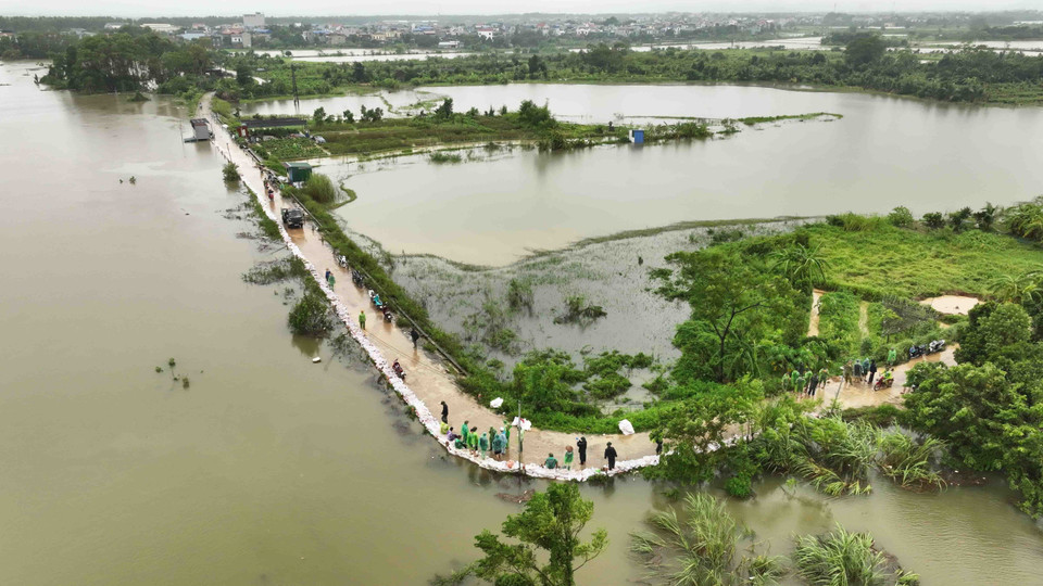 Đoạn đê bao sông Tích thuộc địa bàn thôn Liệp Mai, xã Ngọc Liệp, huyện Quốc Oai được gia cố bằng các bao tải chứa đất. (Ảnh: Vũ Sinh/TTXVN)
