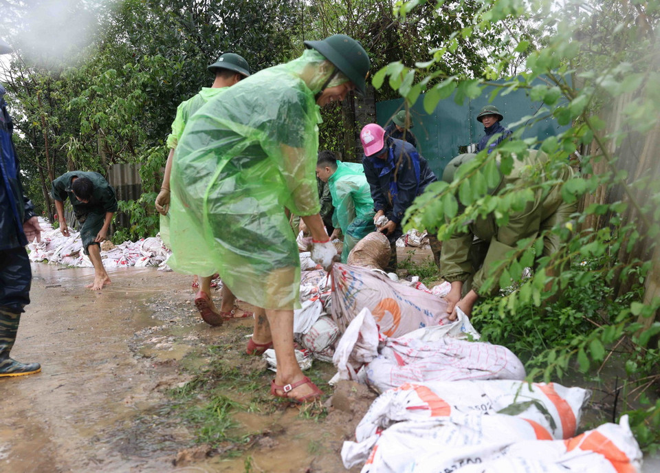 Chiều 11/9, Lực lượng bộ đội cùng người dân khẩn trương triển khai gia cố, khắc phục hậu quả lũ lụt sau bão số 3 đoạn đê sông Tích Giang thuộc địa bàn thôn Liệp Mai, xã Ngọc Liệp, huyện Quốc Oai (Hà Nội). (Ảnh: Vũ Sinh/TTXVN)