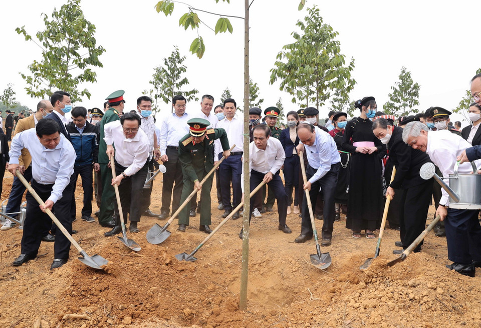 Thủ tướng Nguyễn Xuân Phúc và các đại biểu tham gia Lễ phát động Tết trồng cây. (Ảnh: Thống Nhất/TTXVN)