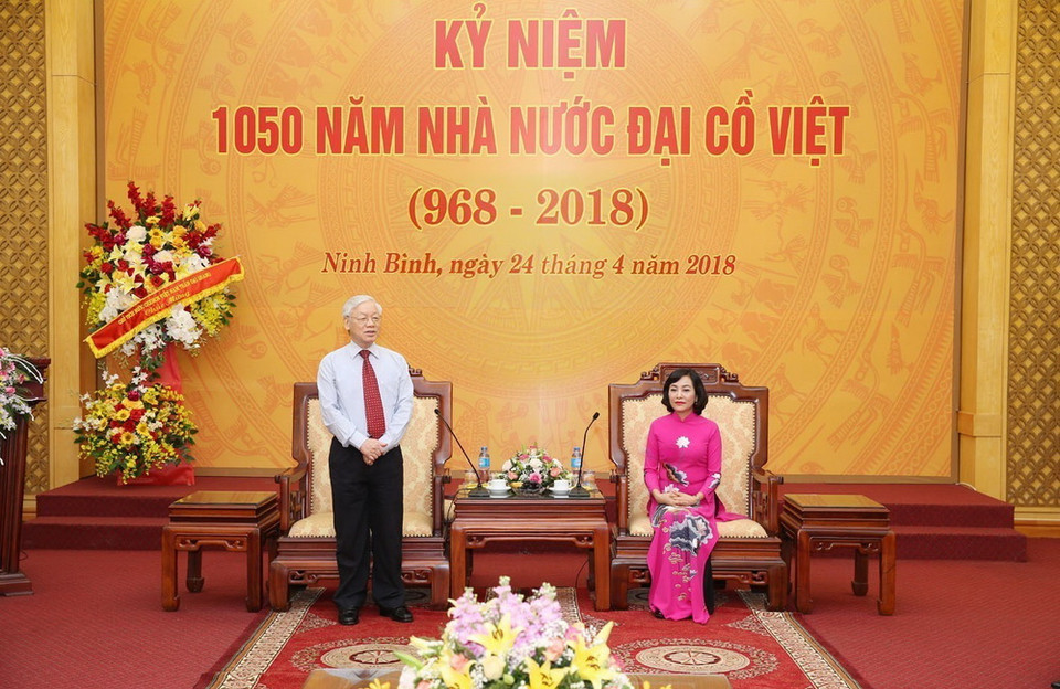 Tổng Bí thư Nguyễn Phú Trọng phát biểu trong buổi làm việc với lãnh đạo tỉnh Ninh Bình. (Ảnh: Trí Dũng/TTXVN)