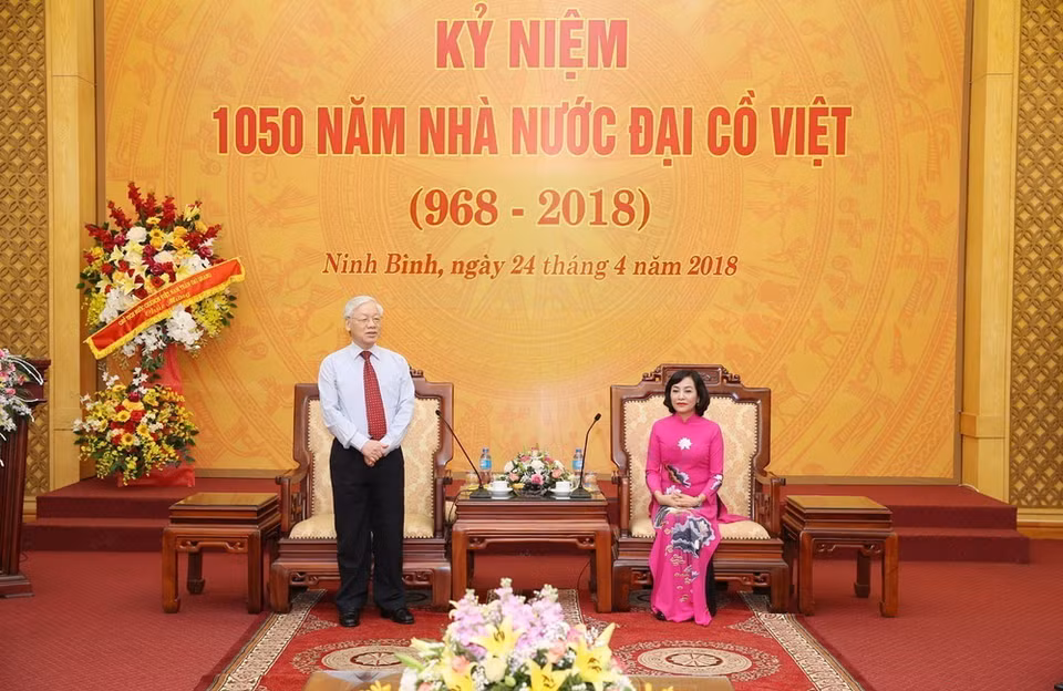 Tổng Bí thư Nguyễn Phú Trọng phát biểu trong buổi làm việc với lãnh đạo tỉnh Ninh Bình. (Ảnh: Trí Dũng/TTXVN)