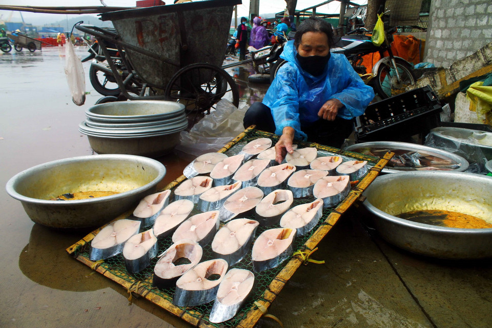  Cá thu được cắt thành từng miếng, làm sạch ruột và để trên giàn ráo nước trước khi nướng. (Ảnh: Tá Chuyên/TTXVN)