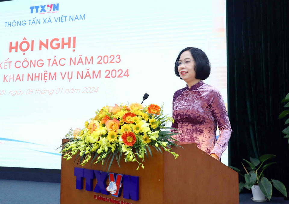 Bà Vũ Việt Trang, Bí thư Đảng ủy, Tổng Giám đốc TTXVN, phát biểu. (Ảnh: Phạm Kiên/TTXVN)