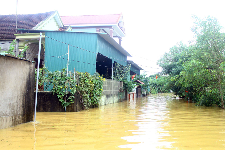 Nước lũ dâng cao khiến các con đường liên xã Thanh Xuân (huyện Thanh Chương, Nghệ An) bị ngập sâu. (Ảnh: Tá Chuyên/TTXVN)