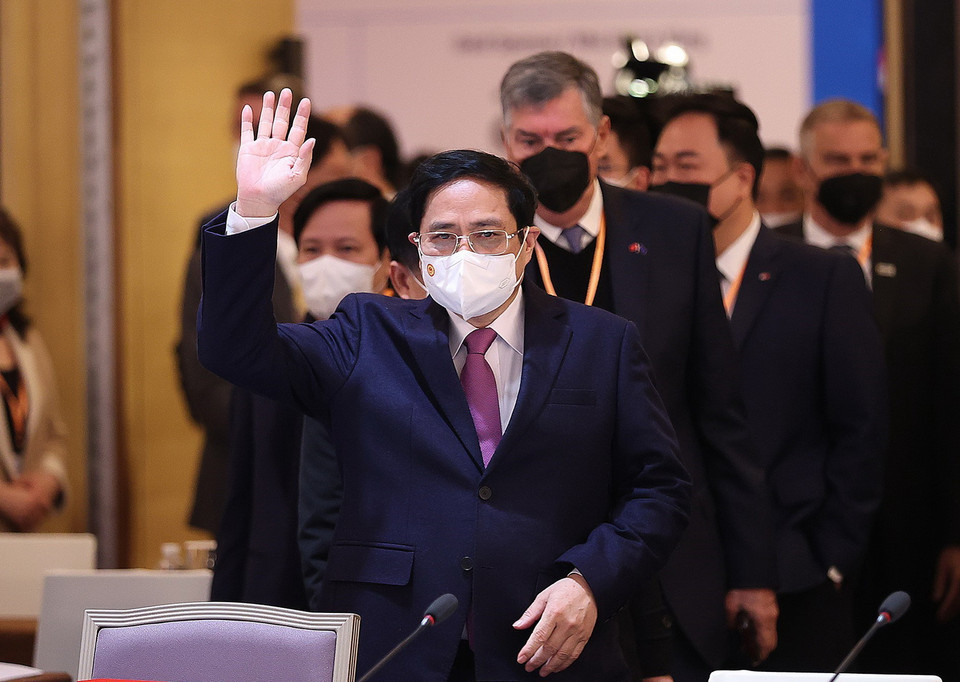 Sáng 21/2, tại Hà Nội, Thủ tướng Phạm Minh Chính đến dự Phiên cấp cao VBF. (Ảnh: Dương Giang/TTXVN)