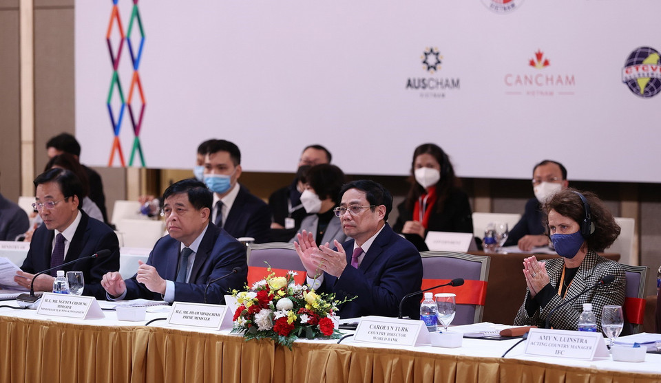 Thủ tướng Phạm Minh Chính tại Phiên cấp cao Diễn đàn doanh nghiệp Việt Nam thường niên (VBF). (Ảnh: Dương Giang/TTXVN) 