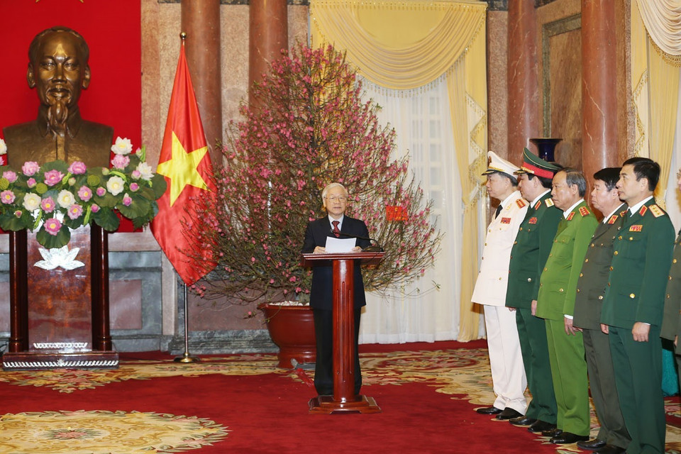 Tổng Bí thư, Chủ tịch nước Nguyễn Phú Trọng phát biểu tại Lễ trao Quyết định phong quân hàm Đại tướng cho các đồng chí Tô Lâm, Lương Cường. (Ảnh: Trí Dũng/TTXVN)