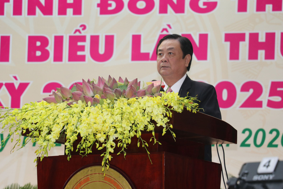 Ông Lê Minh Hoan, Bí thư Tỉnh ủy Đồng Tháp khóa X, phát biểu khai mạc Đại hội. (Ảnh: Nguyễn Văn Trí/TTXVN)