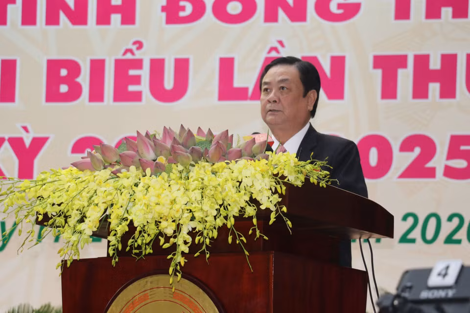 Ông Lê Minh Hoan, Bí thư Tỉnh ủy Đồng Tháp khóa X, phát biểu khai mạc Đại hội. (Ảnh: Nguyễn Văn Trí/TTXVN)