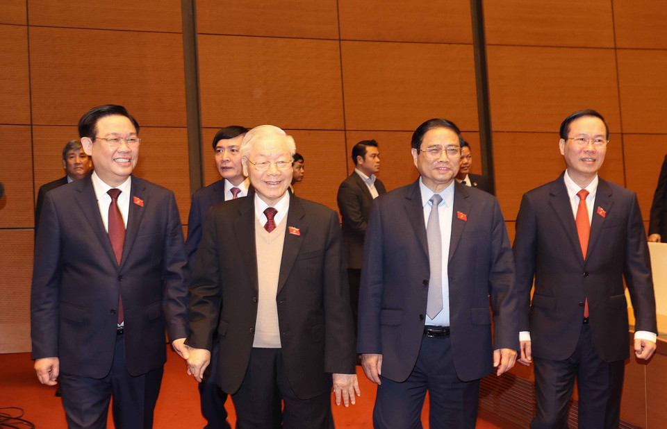 Tổng Bí thư Nguyễn Phú Trọng với các lãnh đạo Đảng, Nhà nước. (Ảnh: TTXVN)