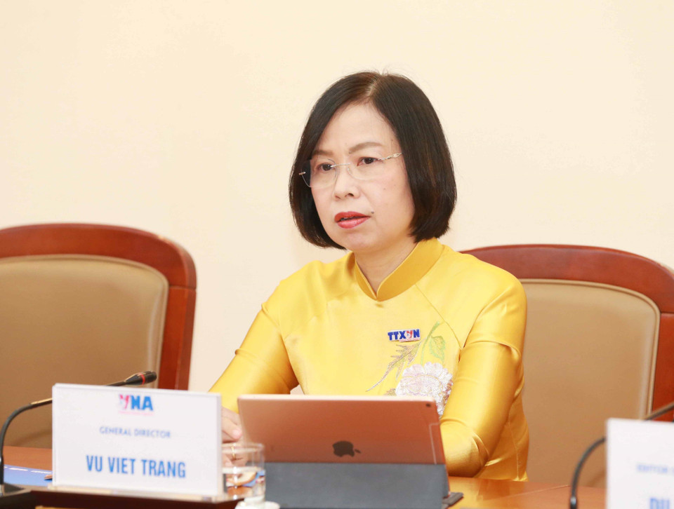 Tổng giám đốc Thông tấn xã Việt Nam Vũ Việt Trang phát biểu tại buổi hội đàm. (Ảnh: Phương Hoa/TTXVN)