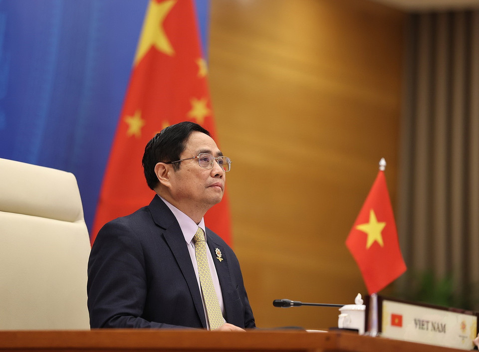  Thủ tướng Phạm Minh Chính phát biểu tại đầu cầu Hà Nội. (Ảnh: Dương Giang/TTXVN)