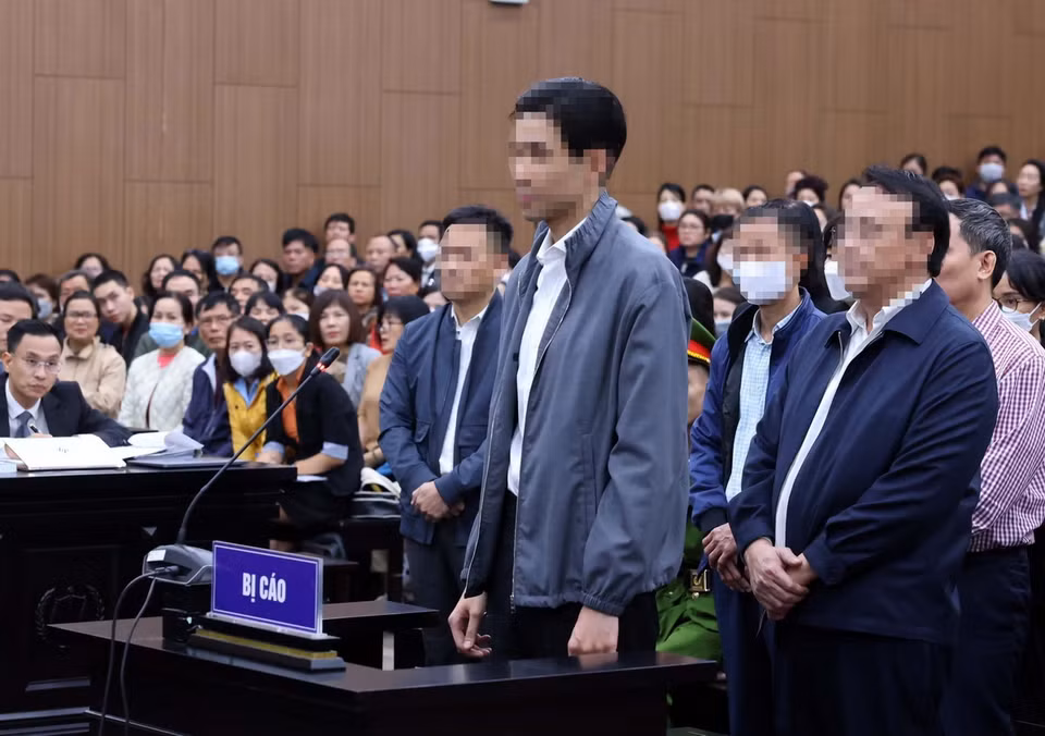Bị cáo Đỗ Hoàng Việt (con trai bị cáo Dũng, Phó Tổng Giám đốc Công ty Tân Hoàng Minh) khai báo trước tòa. (Ảnh: Phạm Kiên/TTXVN)