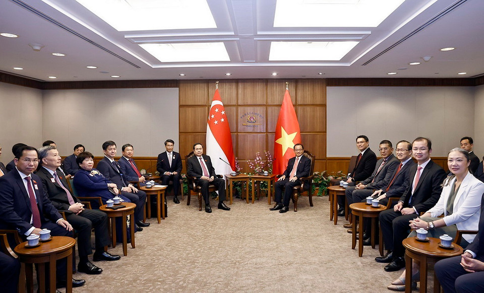 Chủ tịch Quốc hội Trần Thanh Mẫn hội đàm với Chủ tịch Quốc hội Singapore Seah Kian Peng. (Ảnh: Doãn Tấn/TTXVN)