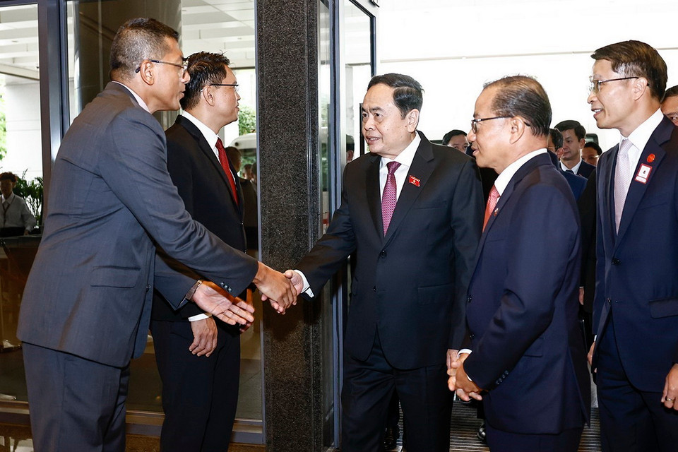 Chủ tịch Quốc hội Trần Thanh Mẫn với các đại biểu Singapore. (Ảnh: Doãn Tấn/TTXVN)