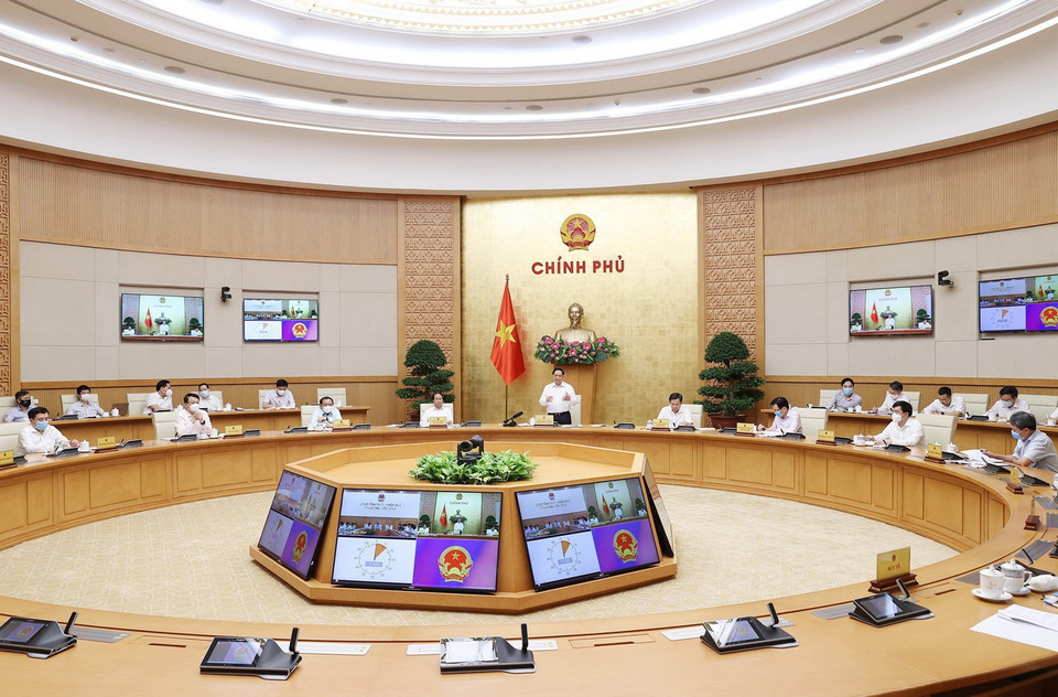  Quang cảnh buổi làm việc tại điểm cầu Chính phủ. (Ảnh: Dương Giang/TTXVN)