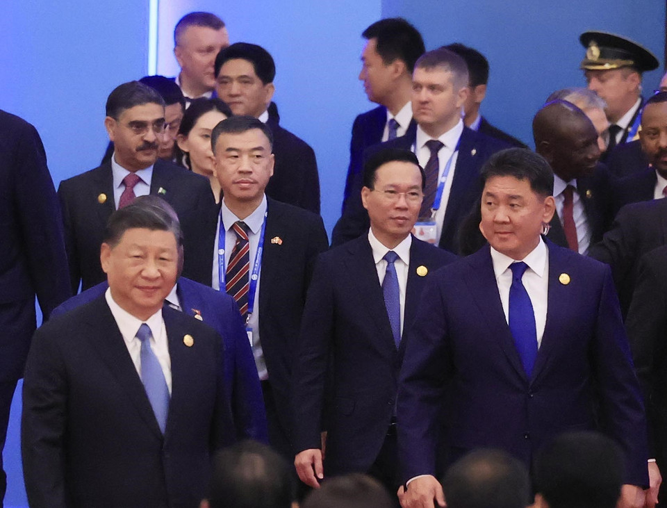 Chủ tịch nước Võ Văn Thưởng, Chủ tịch Trung Quốc Tập Cận Bình và lãnh đạo các nước đến dự Lễ Khai mạc. (Ảnh: Thống Nhất/TTXVN)