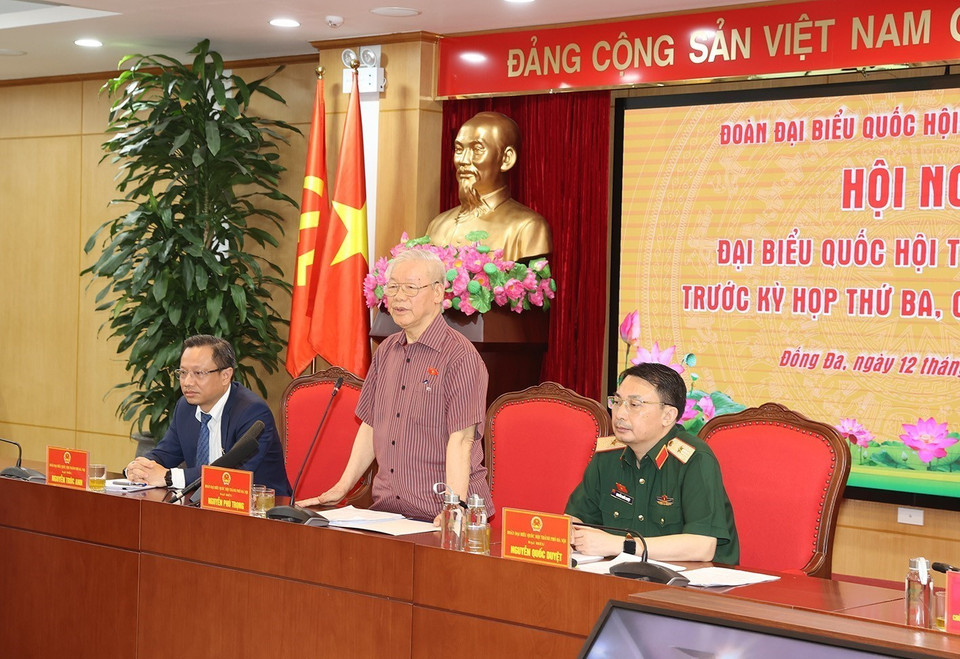 Hình ảnh Tổng Bí thư Nguyễn Phú Trọng tại Hội nghị tiếp xúc cử tri quận Đống Đa, Ba Đình, Hai Bà Trưng. (Ảnh: Trí Dũng/TTXVN)