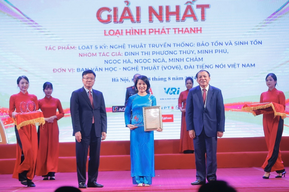 Phó Thủ tướng Lê Thành Long và Bộ trưởng Bộ Văn hóa, Thể thao và Du lịch Nguyễn Văn Hùng trao giải Nhất cho các tác giả, nhóm tác giả đoạt giải. (Ảnh: Minh Quyết/TTXVN)