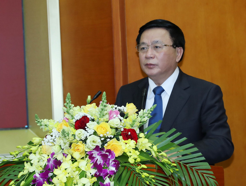 Ông Nguyễn Xuân Thắng, Ủy viên Bộ Chính trị, Chủ tịch Hội đồng Lý luận Trung ương, Giám đốc Học viện Chính trị Quốc gia Hồ Chí Minh phát biểu. (Ảnh: Trọng Đức/TTXVN)