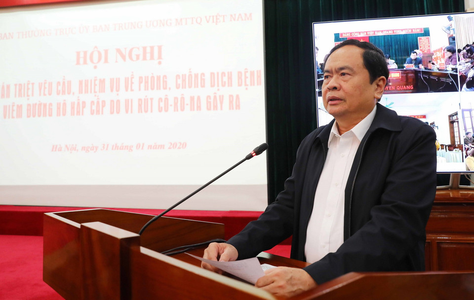 Chủ tịch UBTW MTTQ Việt Nam Trần Thanh Mẫn phát biểu chỉ đạo tại Hội nghị trực tuyến với các địa phương quán triệt yêu cầu, nhiệm vụ về công tác phòng, chống dịch bệnh viêm đường hô hấp cấp do nCoV gây ra, ngày 31/1 vừa qua. (Ảnh: Lâm Khánh/TTXVN)